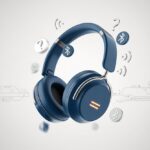 A pair of Bluetooth headphones floating with glowing indicators and digital symbols around them suggesting wireless connectivity and confusion.