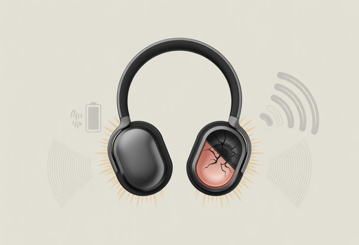 A pair of wireless Bluetooth headphones with visual effects showing popping sound waves and symbols representing signal interference and a low battery.