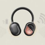 A pair of wireless Bluetooth headphones with visual effects showing popping sound waves and symbols representing signal interference and a low battery.