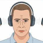 A person wearing Bluetooth headphones on one ear and a hearing aid on the other ear, showing possible interference between the devices.