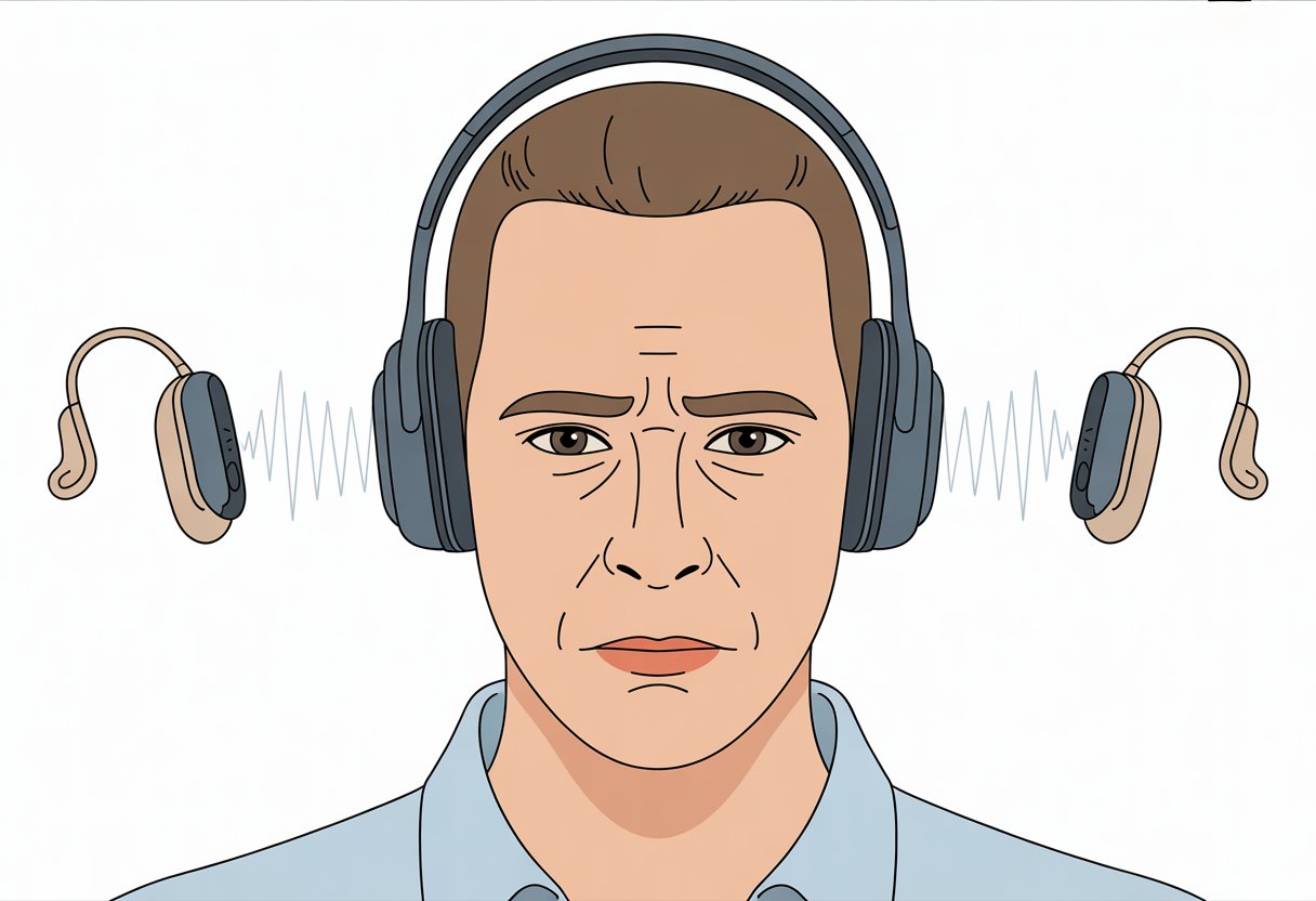 A person wearing Bluetooth headphones on one ear and a hearing aid on the other ear, showing possible interference between the devices.