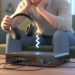 Why do my Bluetooth headphones not work with my receiver? Blame the Tech Gremlins! A person sitting on a couch holding Bluetooth headphones, looking puzzled, with an audio receiver in front showing no wireless connection between them.