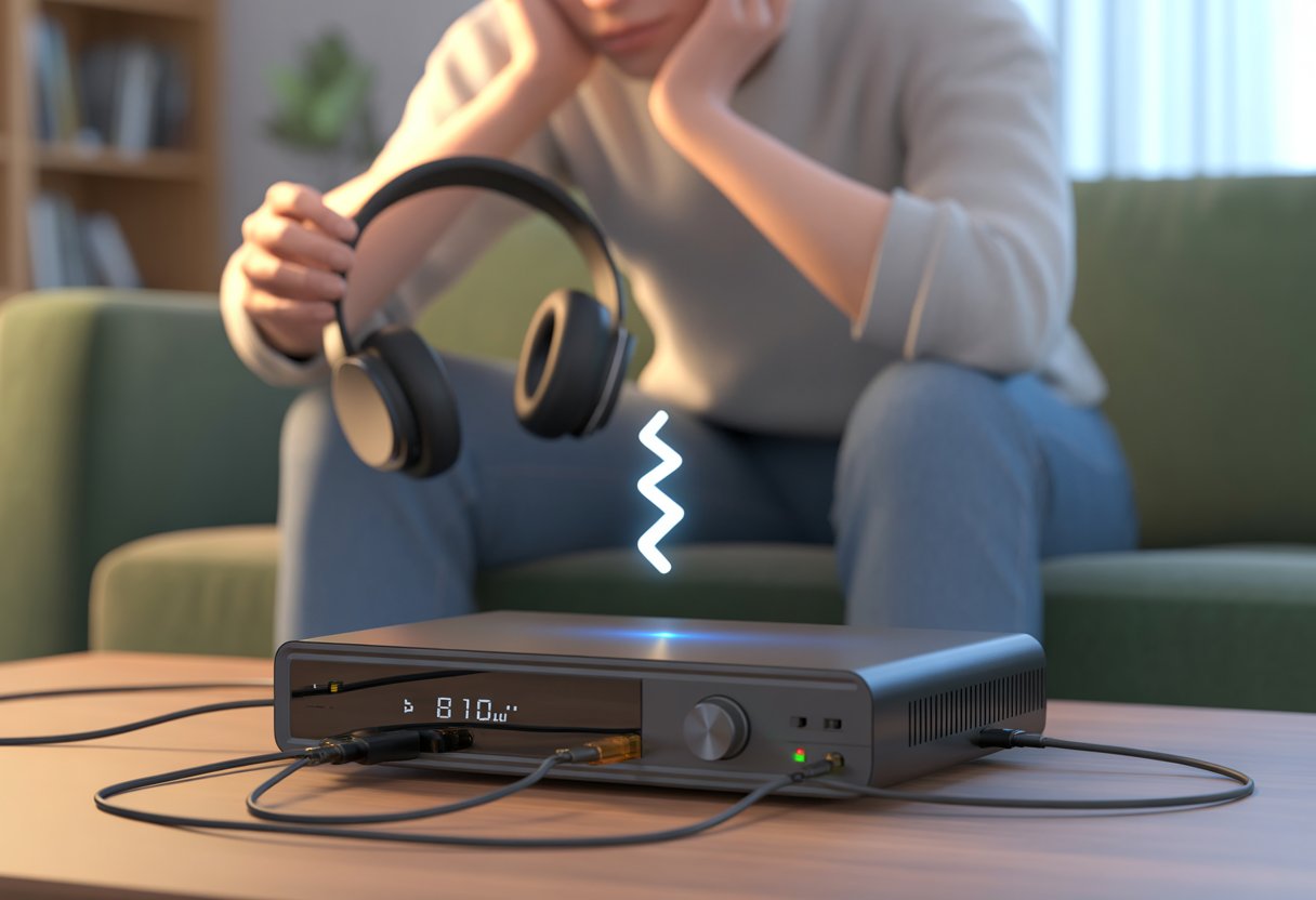 A person sitting on a couch holding Bluetooth headphones, looking puzzled, with an audio receiver in front showing no wireless connection between them.