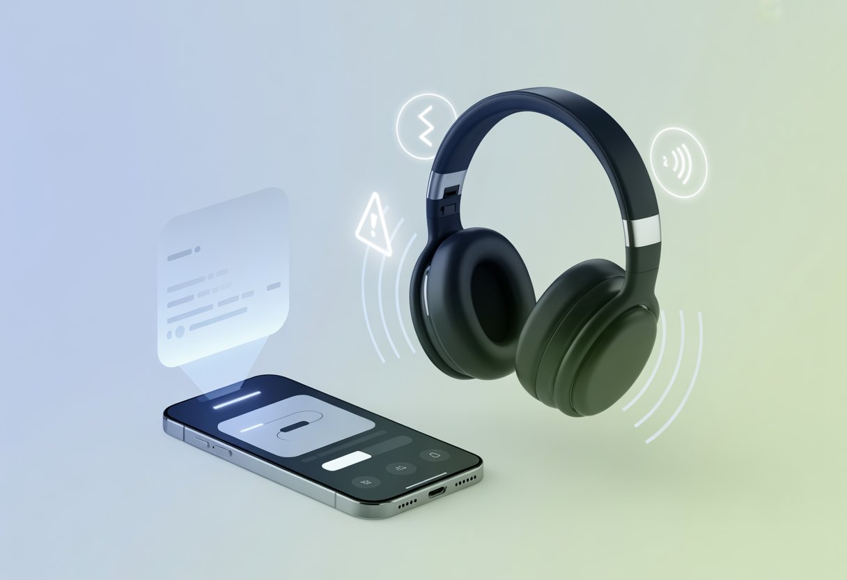 A pair of Bluetooth headphones with wireless signal icons and a warning symbol, next to a smartphone showing a settings screen.