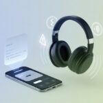 A pair of Bluetooth headphones with wireless signal icons and a warning symbol, next to a smartphone showing a settings screen.