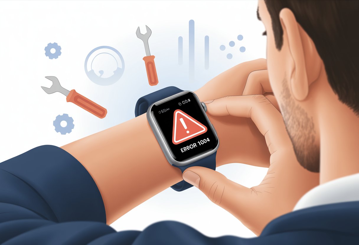 Close-up of a smartwatch on a wrist showing an error symbol with icons of tools and gears around it, indicating a repair or troubleshooting process.