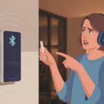 Why do my Bluetooth headphones not work with my intercom? And Other Modern Mysteries A person looking confused while holding Bluetooth headphones and pointing at a home intercom on the wall.