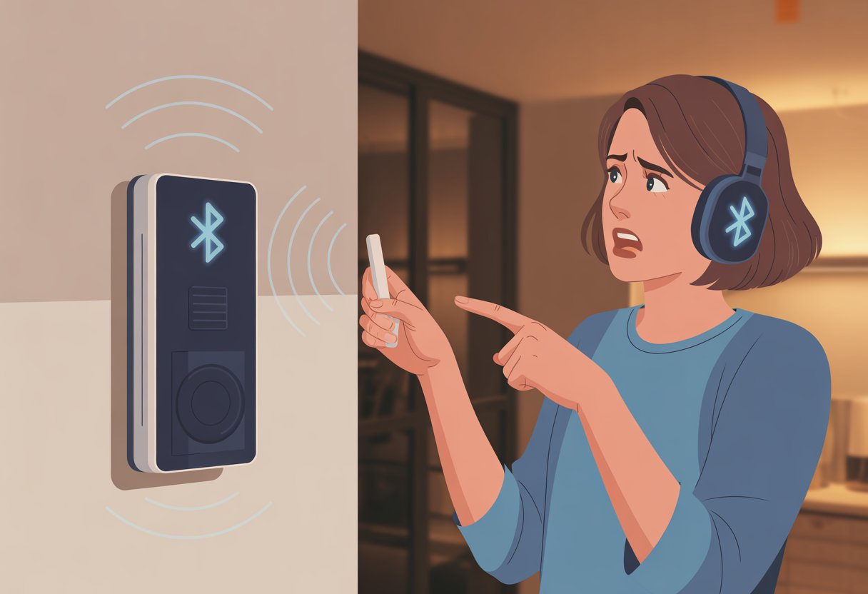 A person looking confused while holding Bluetooth headphones and pointing at a home intercom on the wall.