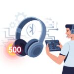 Bluetooth Headphones Error Code 500 Fix: Stop Screaming at Your Headphones and Start Listening A pair of Bluetooth headphones with a red warning symbol nearby and a technician holding a tablet, surrounded by abstract tech symbols representing troubleshooting.
