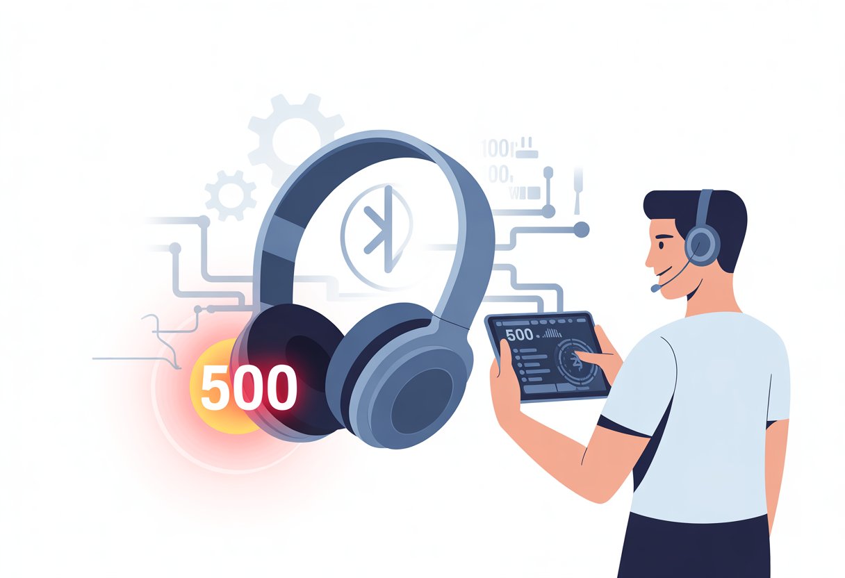 A pair of Bluetooth headphones with a red warning symbol nearby and a technician holding a tablet, surrounded by abstract tech symbols representing troubleshooting.