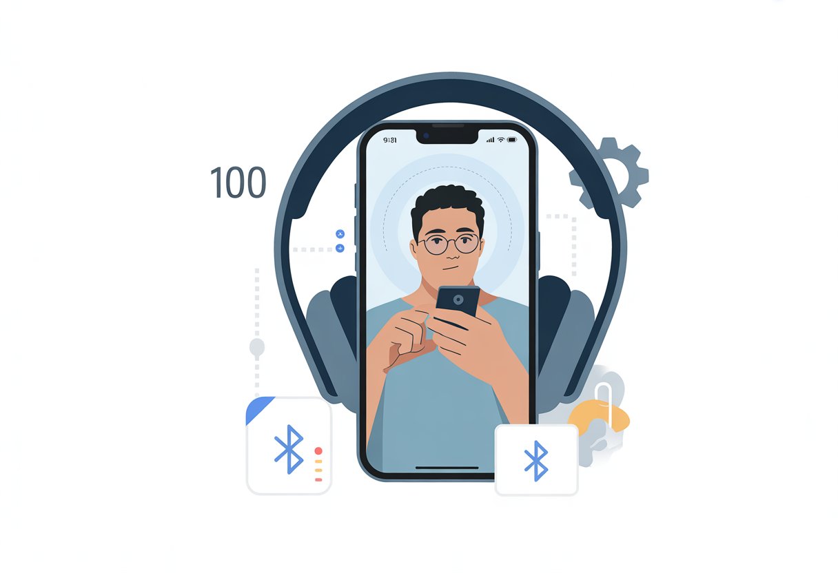 A person using a smartphone to troubleshoot Bluetooth headphones with a warning icon visible on the phone screen.