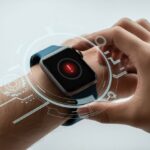 Close-up of a smartwatch showing a warning icon with digital elements around it and a hand interacting with the watch.