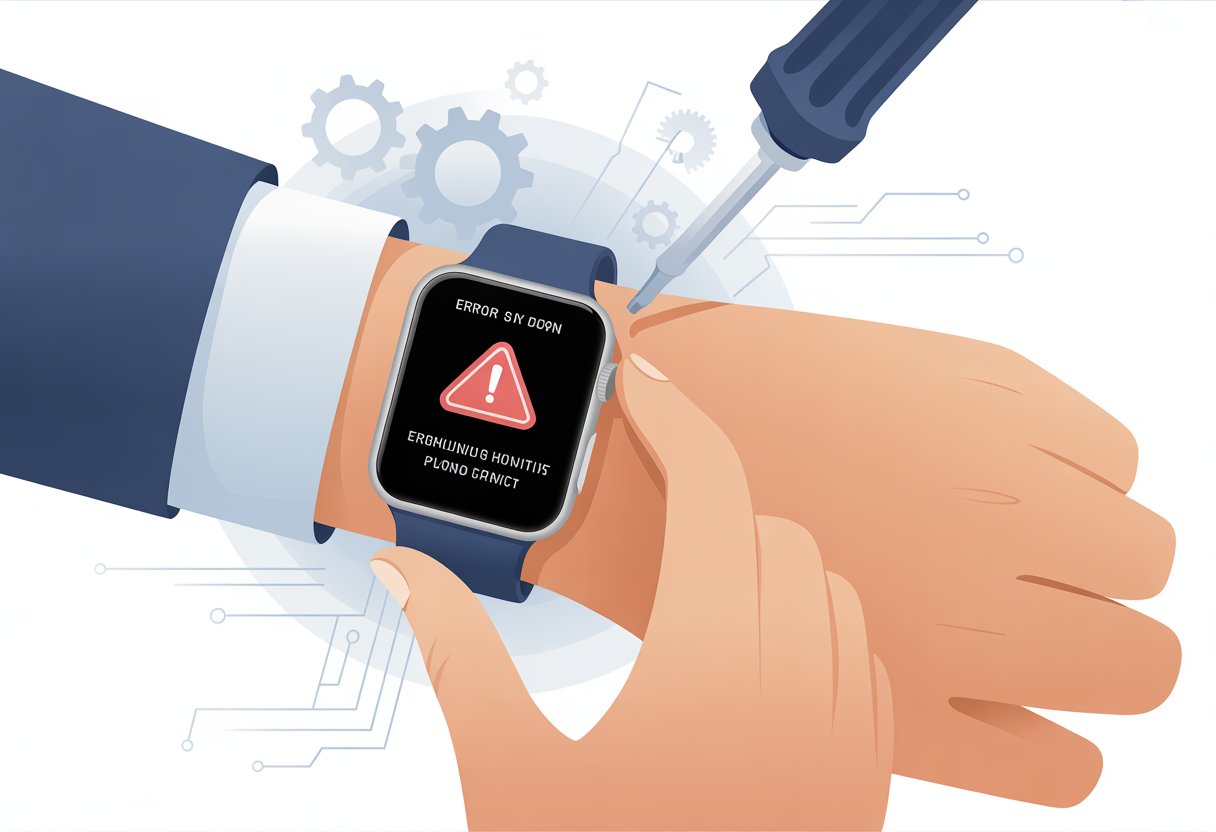 A smartwatch on a wrist showing an error symbol with tools and circuit lines around it, representing fixing a smartwatch problem.