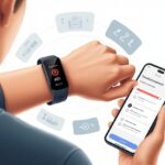 A person holding a smartphone while wearing a fitness tracker showing an error symbol, with app interface visible on the phone screen indicating troubleshooting steps.