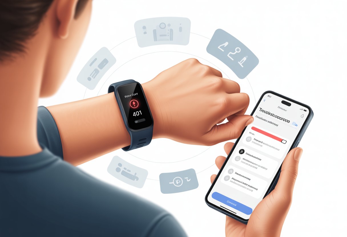 A person holding a smartphone while wearing a fitness tracker showing an error symbol, with app interface visible on the phone screen indicating troubleshooting steps.