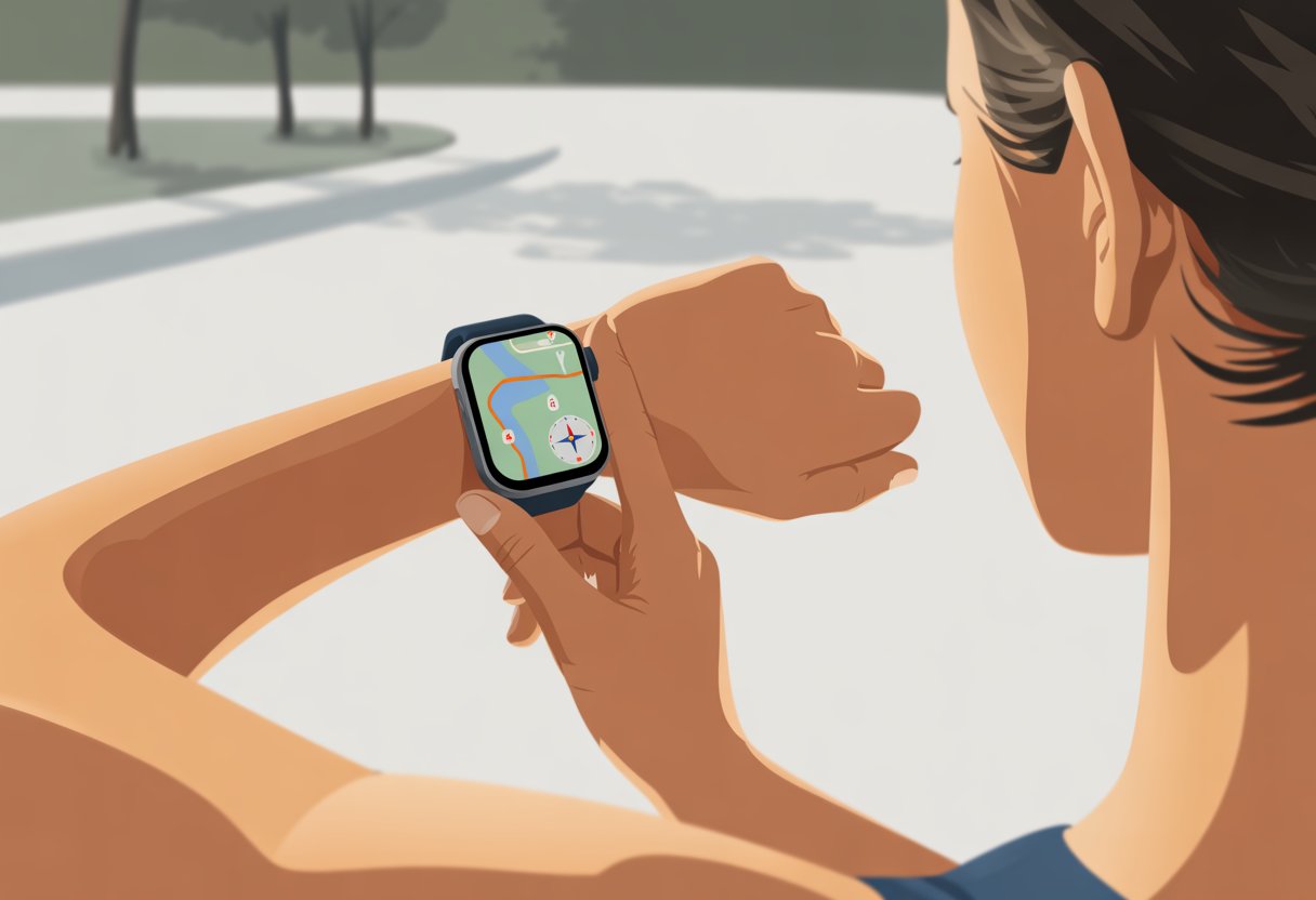 A close-up of a wrist wearing a smartwatch displaying a GPS map with a route and location markers.