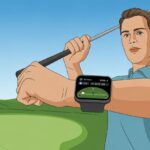 A golfer on a golf course looking at a smartwatch displaying golf data while holding a golf club.