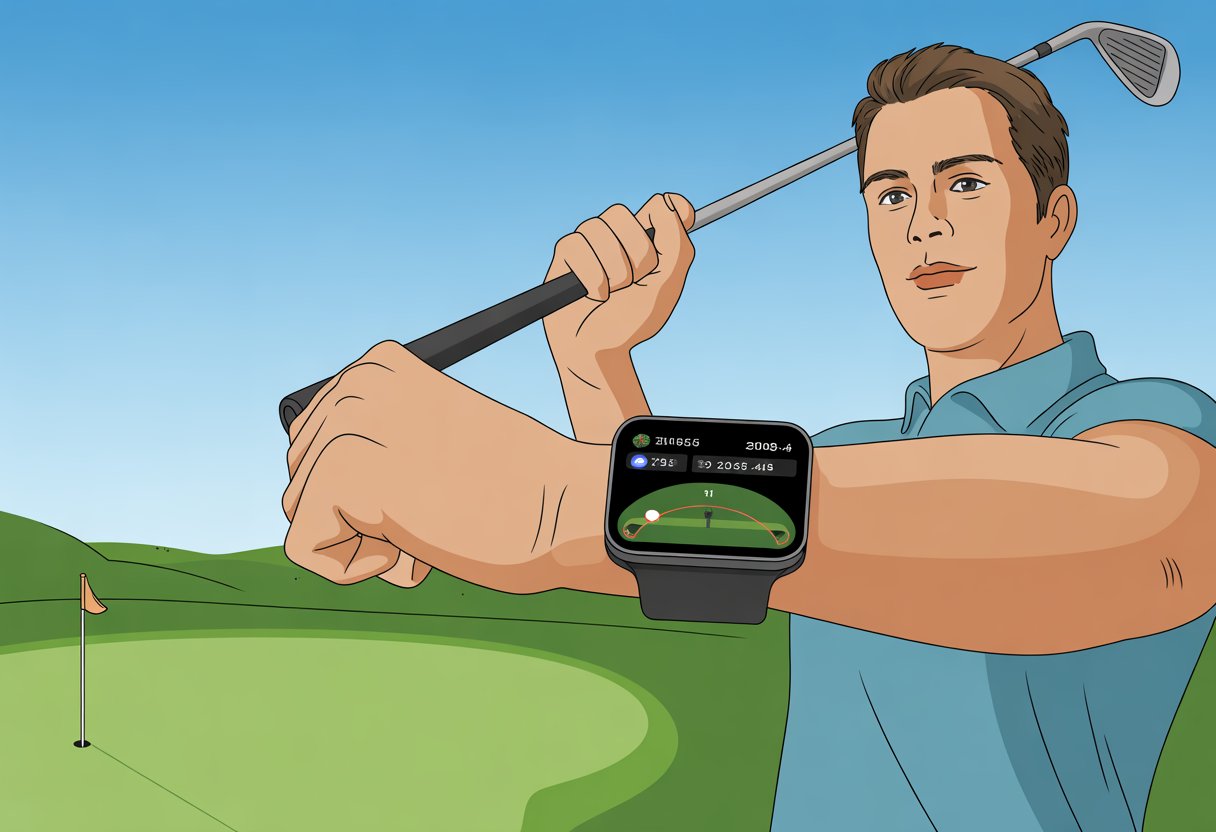 A golfer on a golf course looking at a smartwatch displaying golf data while holding a golf club.