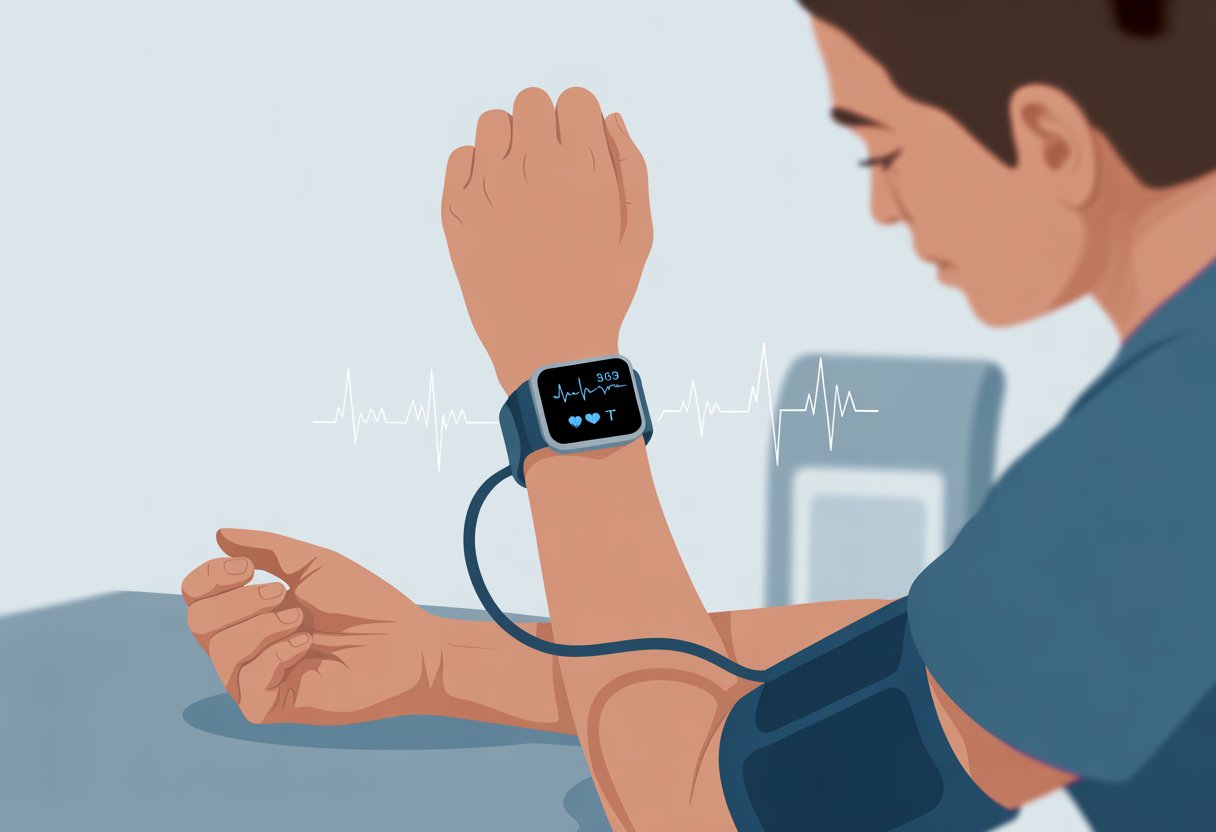 A person wearing a smartwatch on their wrist showing a blood pressure reading.