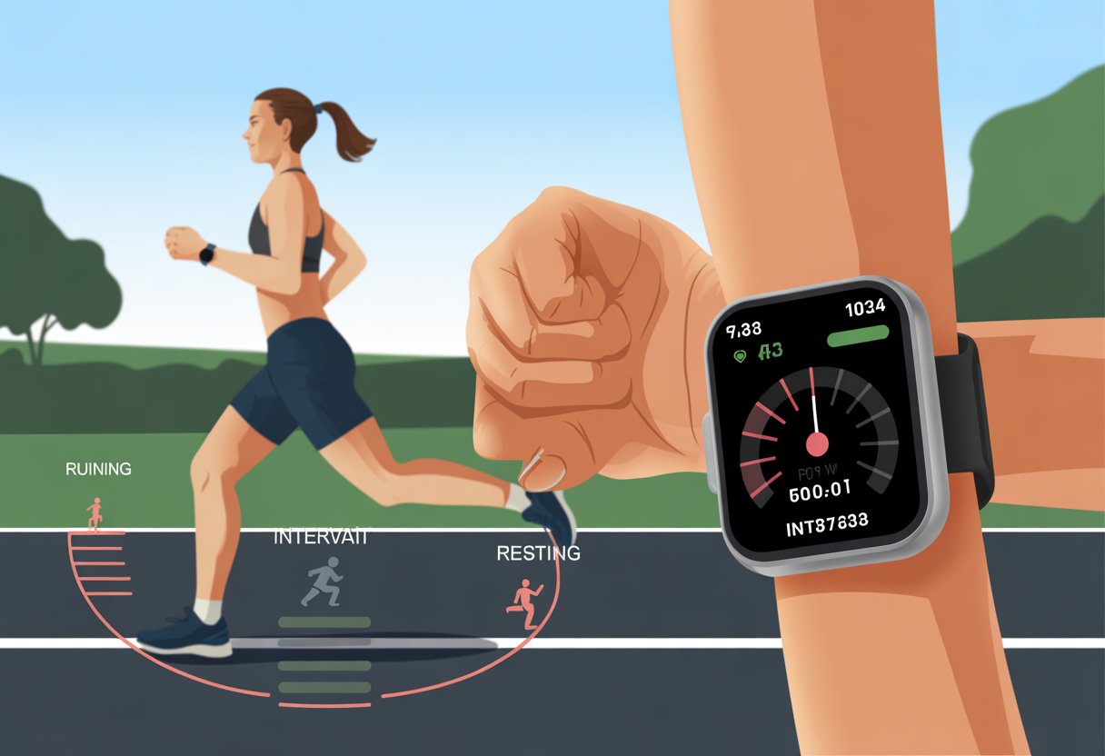 A person jogging outdoors wearing a smartwatch that shows interval training data on its screen.