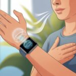 A person wearing a smartwatch on their wrist, using it to guide breathing exercises with a calming animation on the watch screen.