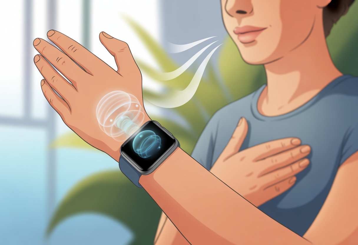 A person wearing a smartwatch on their wrist, using it to guide breathing exercises with a calming animation on the watch screen.