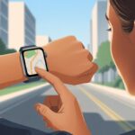 A person outdoors interacting with a smartwatch showing a navigation map with a highlighted route on the screen.