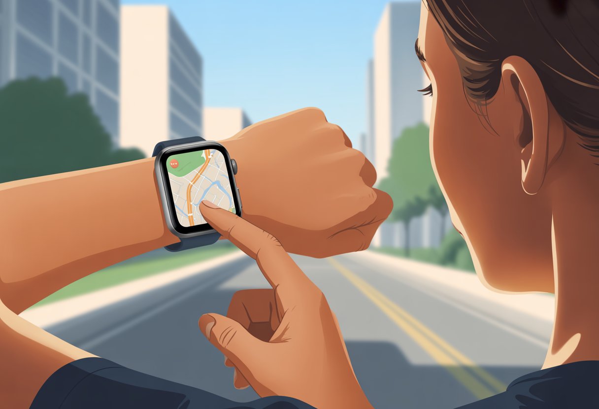 A person outdoors interacting with a smartwatch showing a navigation map with a highlighted route on the screen.