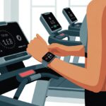 A person walking on a treadmill while checking a smartwatch on their wrist in a gym.