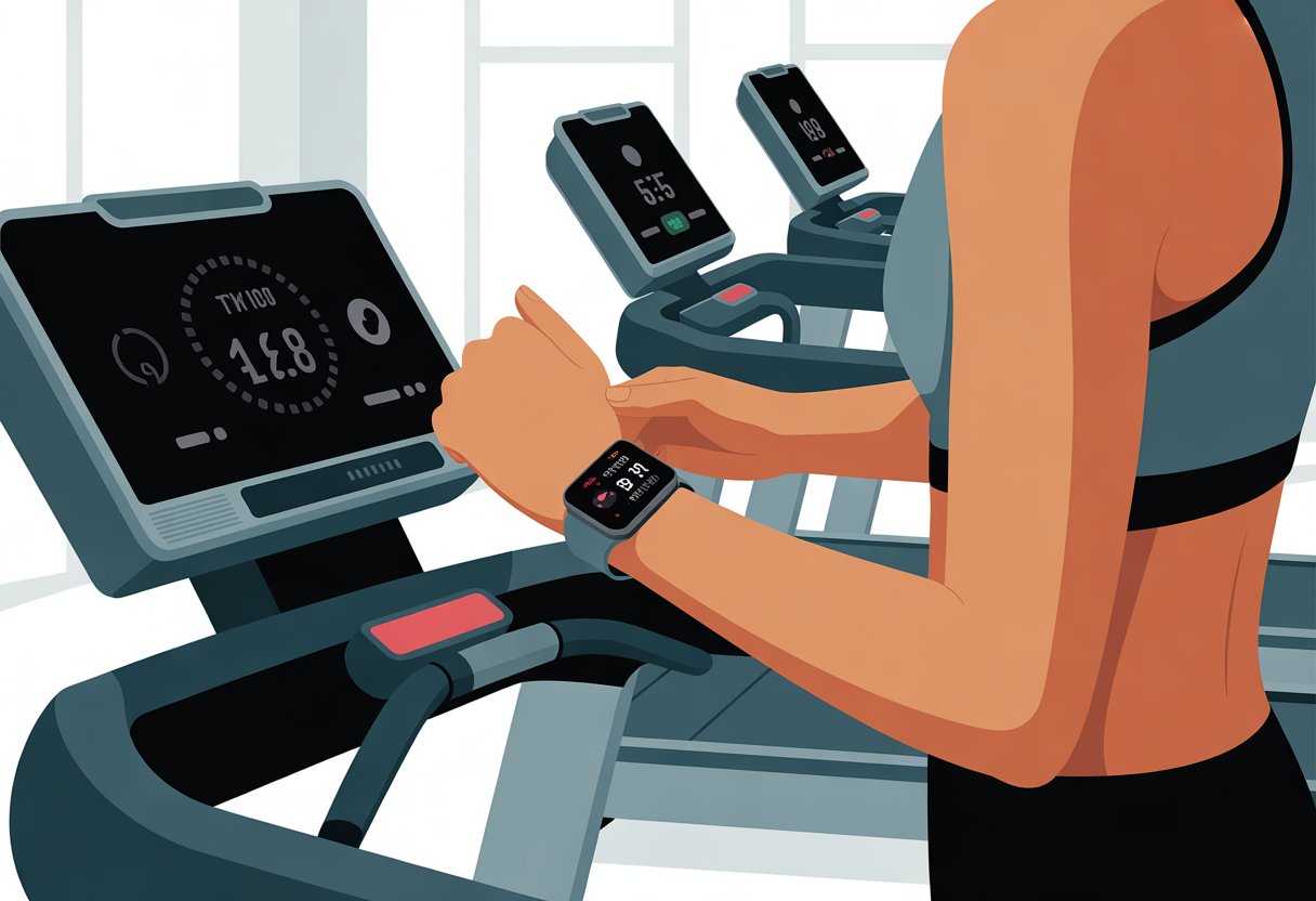 A person walking on a treadmill while checking a smartwatch on their wrist in a gym.