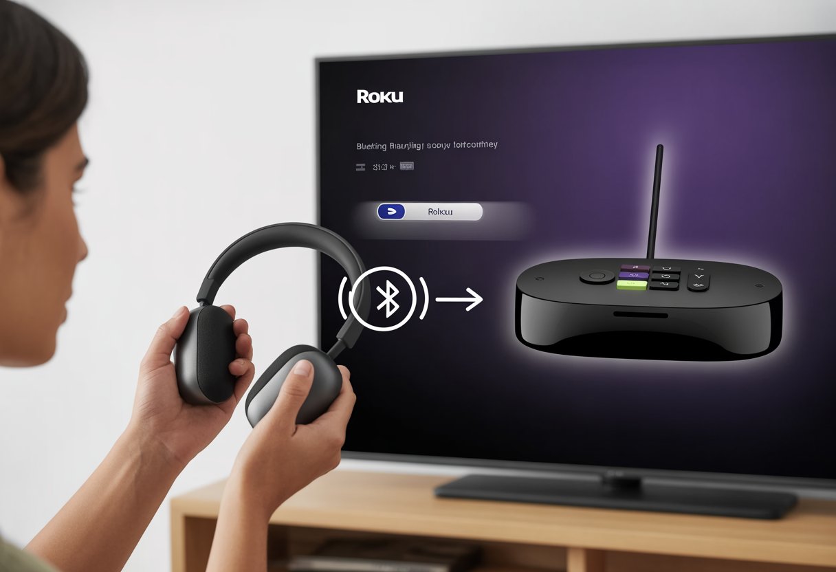 Person holding Bluetooth headphones near a Roku device connected to a TV showing a Bluetooth pairing screen.