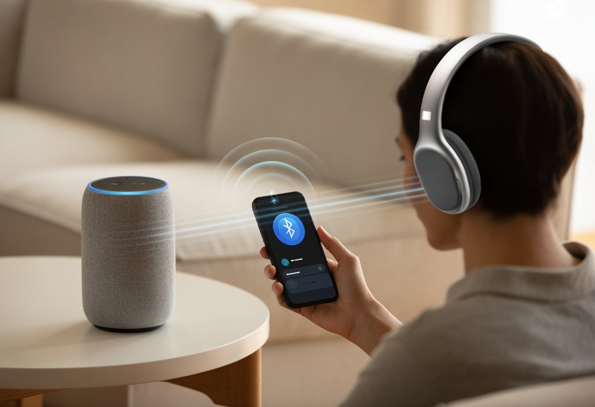 A person wearing Bluetooth headphones is using a smartphone near a smart speaker on a table in a living room.