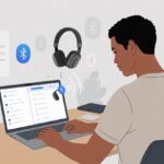 A person using a laptop with Bluetooth settings open, troubleshooting wireless headphones nearby.