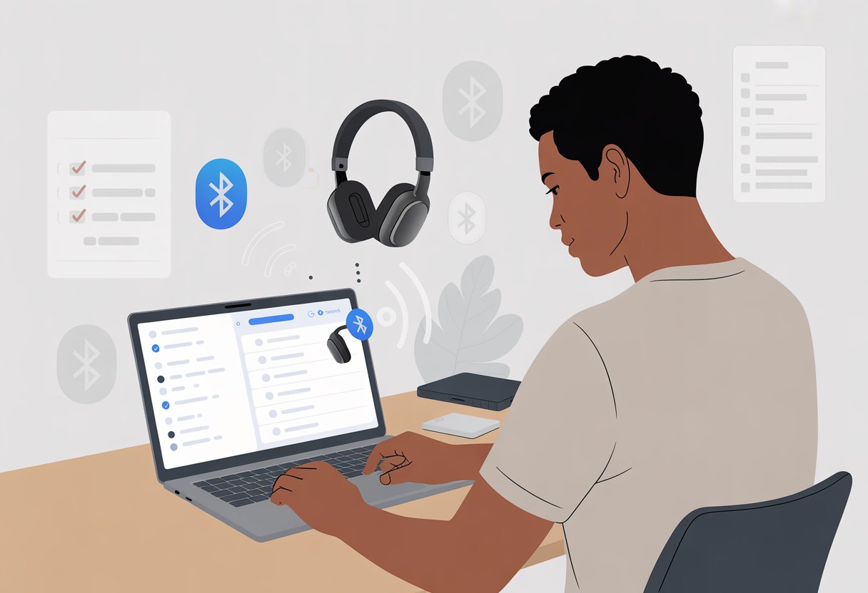 A person using a laptop with Bluetooth settings open, troubleshooting wireless headphones nearby.