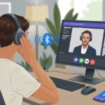 Person wearing Bluetooth headphones sitting at a desk using a computer for a video call with multiple participants.