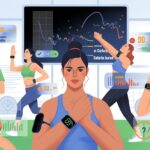 People exercising with fitness trackers on their wrists showing calorie data, surrounded by graphical overlays of charts and numbers in a gym setting.