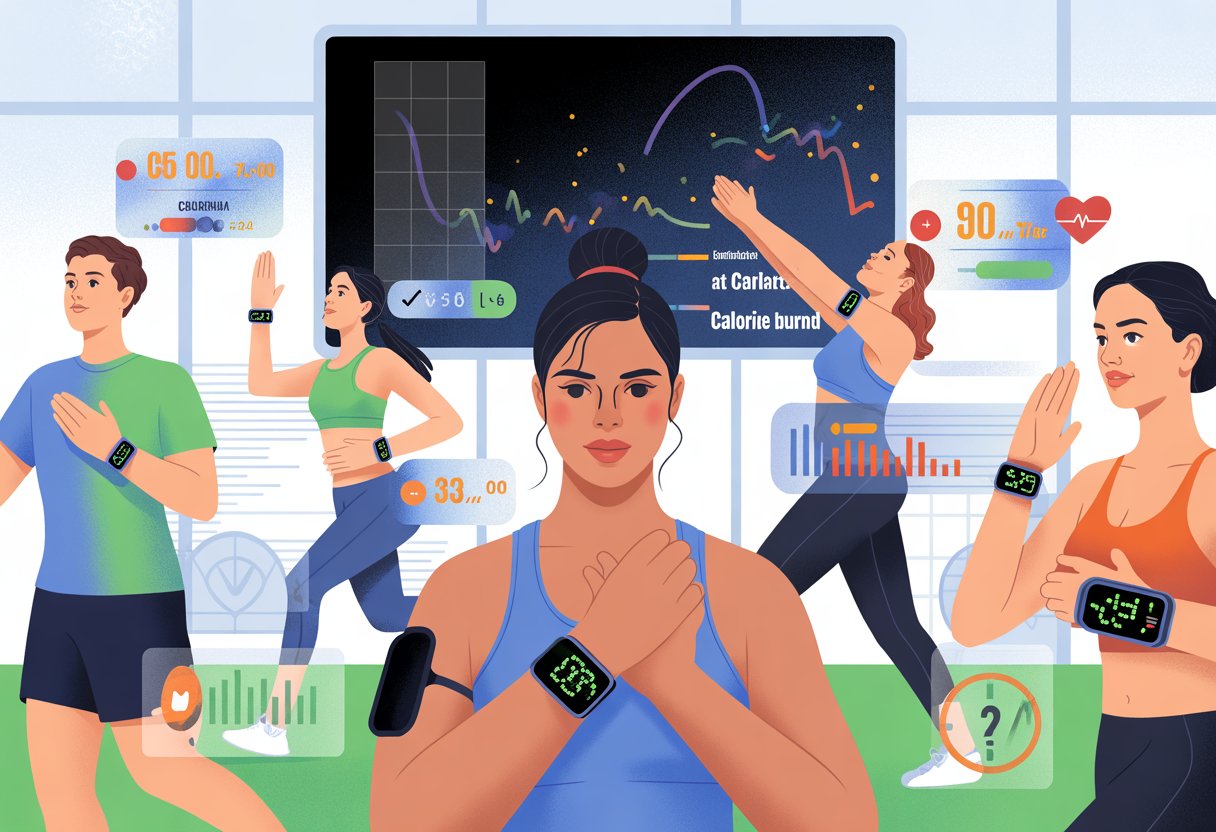 People exercising with fitness trackers on their wrists showing calorie data, surrounded by graphical overlays of charts and numbers in a gym setting.