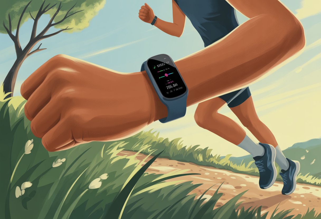 A person running on a trail outdoors wearing a fitness tracker on their wrist.