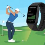 How to Use a Fitness Tracker for Golf: Making Your Steps Count More Than Your Strokes A golfer swinging on a green golf course wearing a fitness tracker on their wrist, with an inset showing the tracker displaying golf-related fitness data.