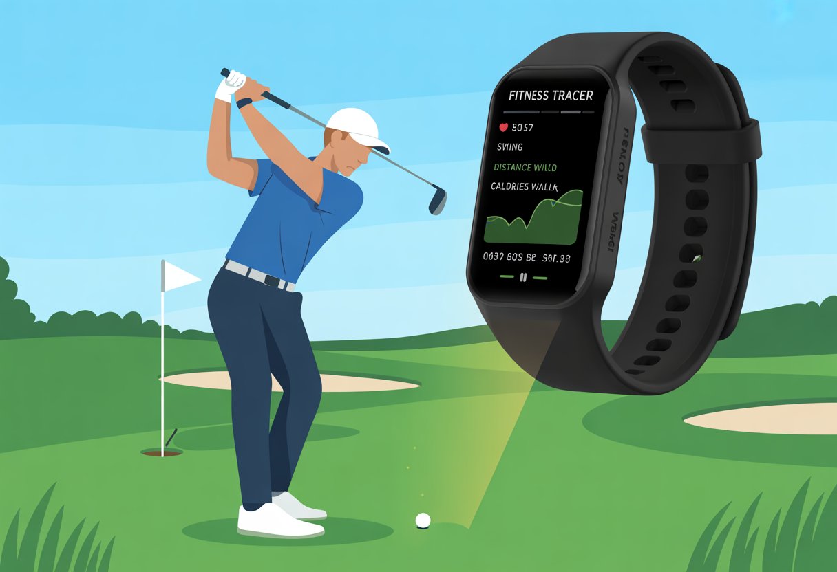 A golfer swinging on a green golf course wearing a fitness tracker on their wrist, with an inset showing the tracker displaying golf-related fitness data.