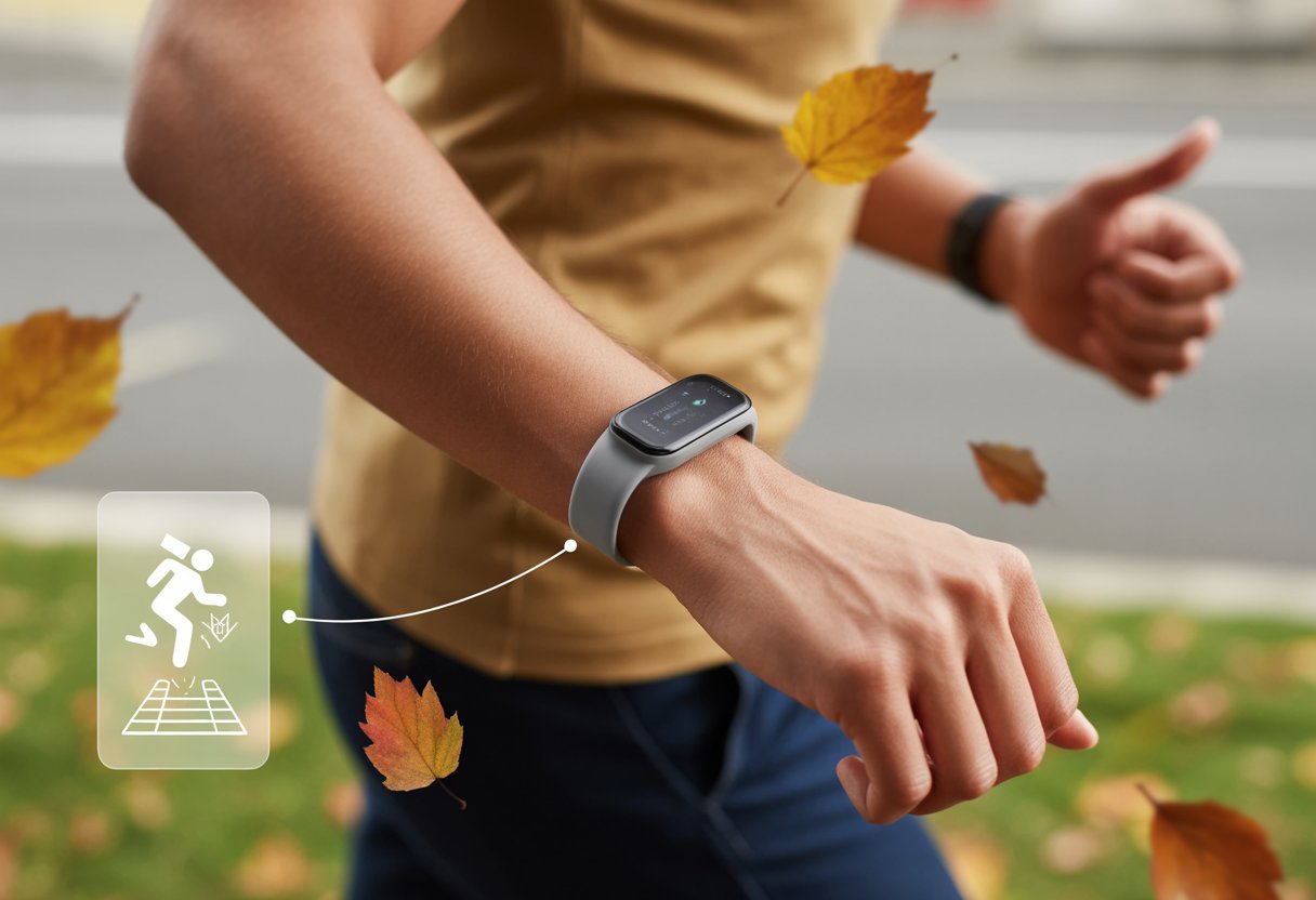 A person wearing a fitness tracker on their wrist outdoors with autumn leaves falling around them, showing the device monitoring for falls.