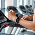 A person walking on a treadmill wearing a fitness tracker on their wrist in a gym.