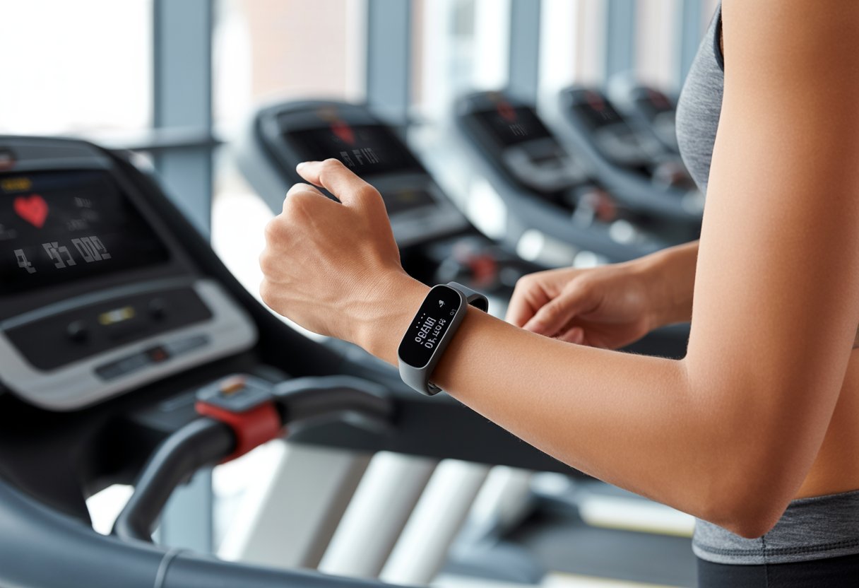A person walking on a treadmill wearing a fitness tracker on their wrist in a gym.
