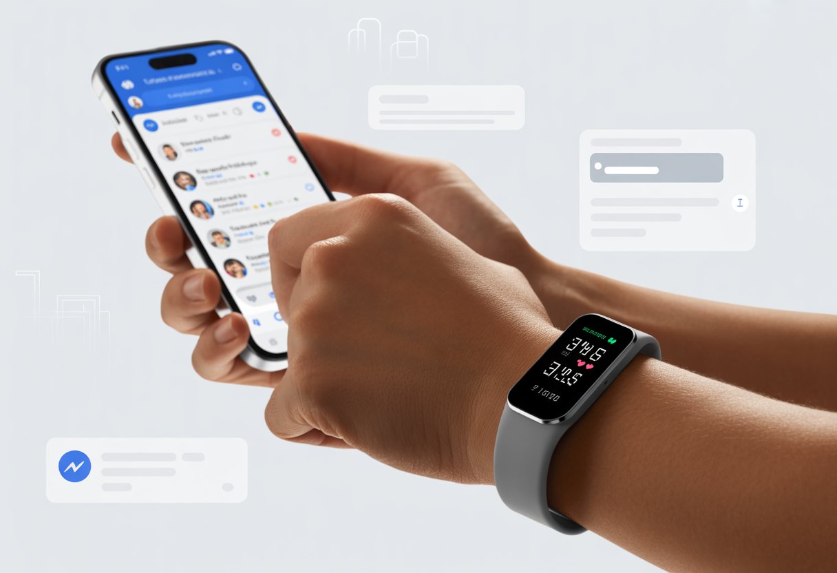 A close-up of a person’s hand wearing a fitness tracker while using a smartphone with the Facebook Messenger app open.