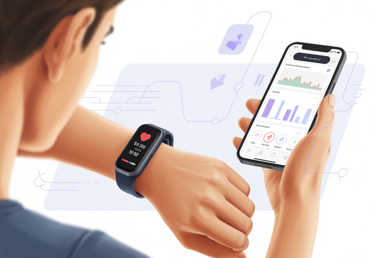 A person wearing a fitness tracker on their wrist and using a smartphone showing fitness data and graphs.