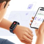 A person wearing a fitness tracker on their wrist and using a smartphone showing fitness data and graphs.