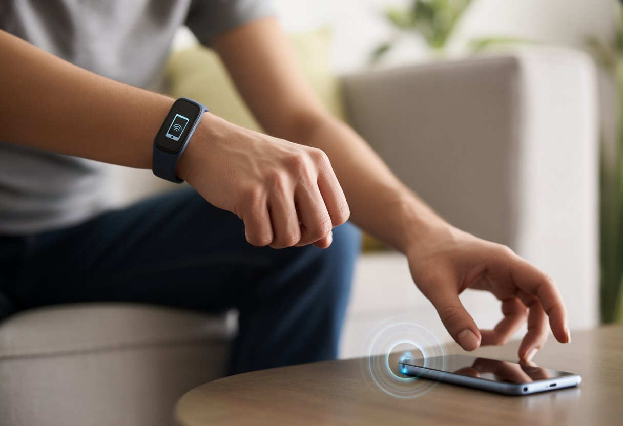 A person wearing a fitness tracker on their wrist uses it to locate a smartphone on a nearby table.