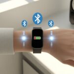 Close-up of a fitness tracker on a wrist with icons around it showing reasons for fast battery drain like bright screen, wireless signals, and a fast-moving clock.