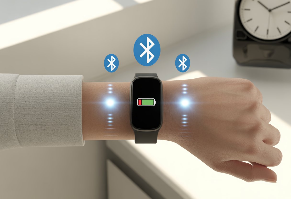 Close-up of a fitness tracker on a wrist with icons around it showing reasons for fast battery drain like bright screen, wireless signals, and a fast-moving clock.