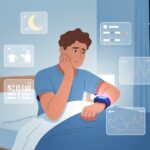 Why is my fitness tracker showing inaccurate sleep data? Your Wrist Might Be Lying About Your Zzz’s A person sitting on a bed looking at their fitness tracker with floating sleep data icons around them in a softly lit bedroom.